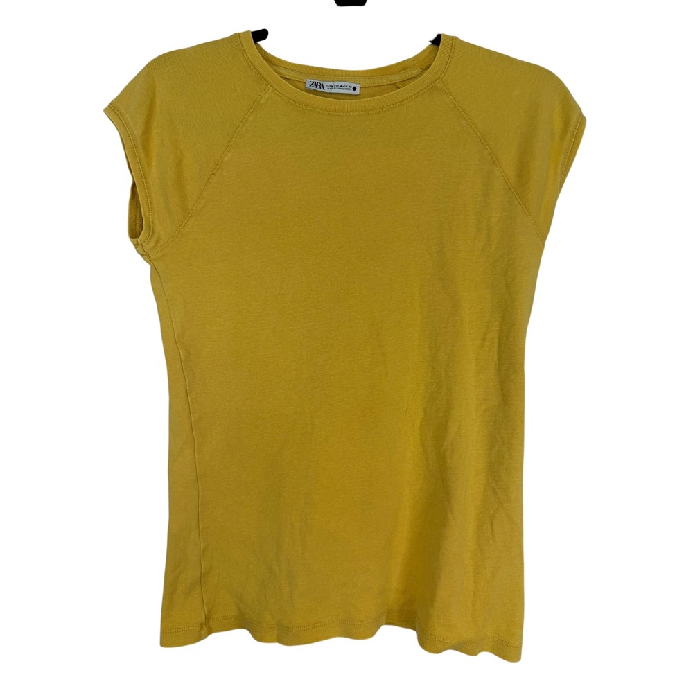 Zara Mustard Yellow Cotton Raglan Cap Sleeve T-Shirt Size Medium